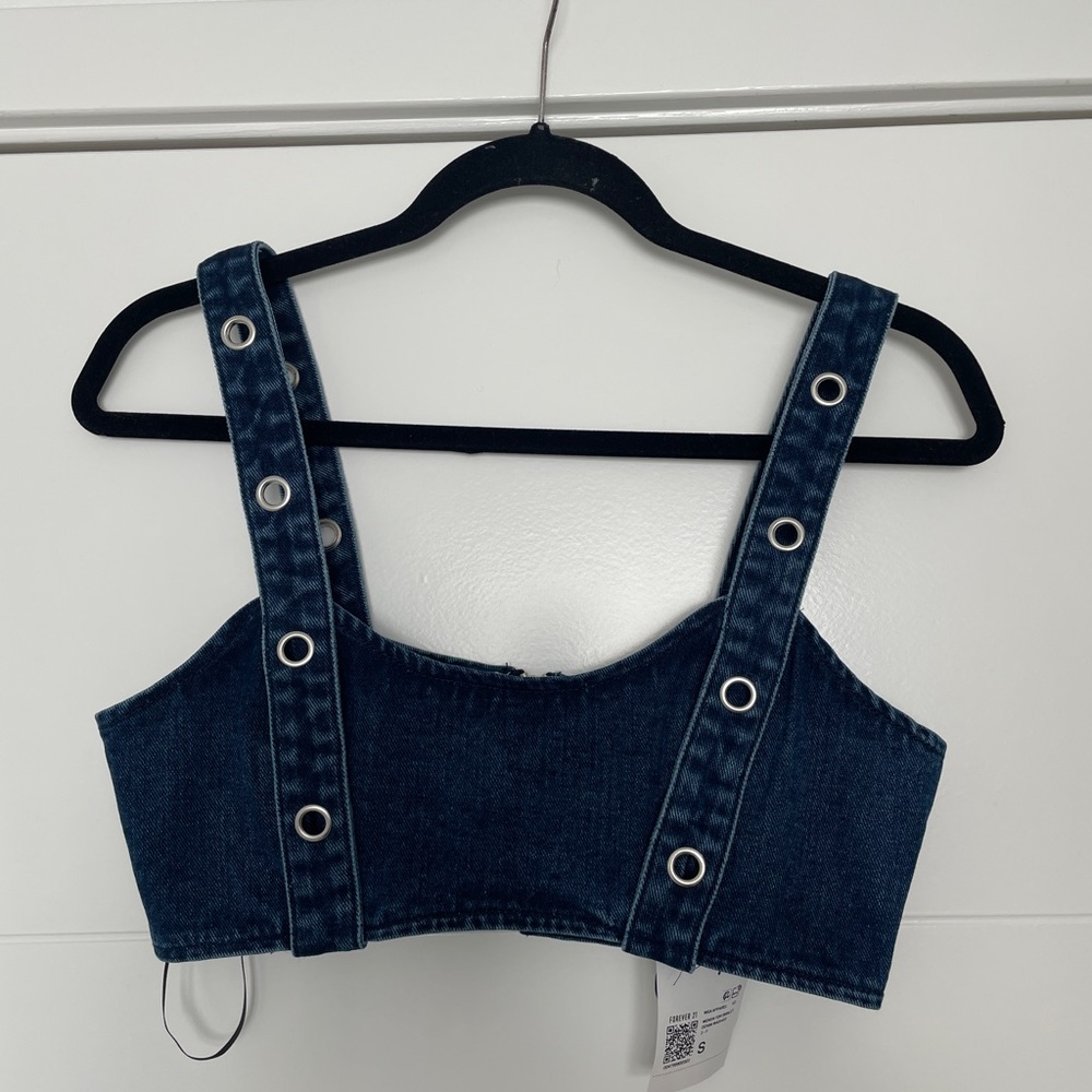 Forever 21 Women’s Denim Crop Top Bralette Tank Blue Jean Festival Outfit NWT S - Picture 7 of 11